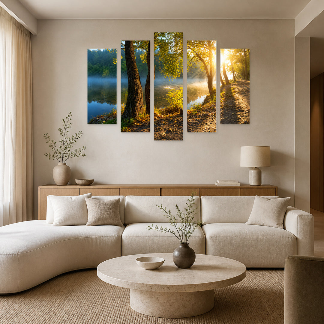 Forest Sunrise in Serene Light — five-panel wall art in alternate frontal interior | 5wallart 54104 M4