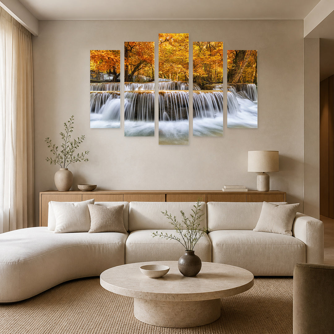 Autumn Cascades in Golden Forest — five-panel wall art in frontal interior | 5wallart 54105 M3
