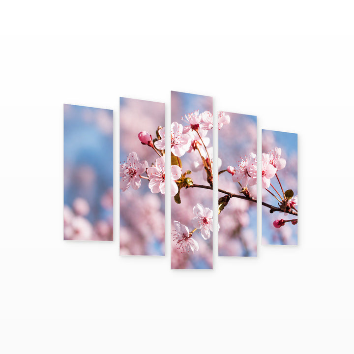 Blooming Tree in Serene Light — five-panel wall art on white background in perspective | 5wallart 54108 M1