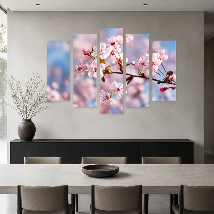 Blooming Tree in Serene Light — five-panel wall art in frontal interior | 5wallart 54108 M3