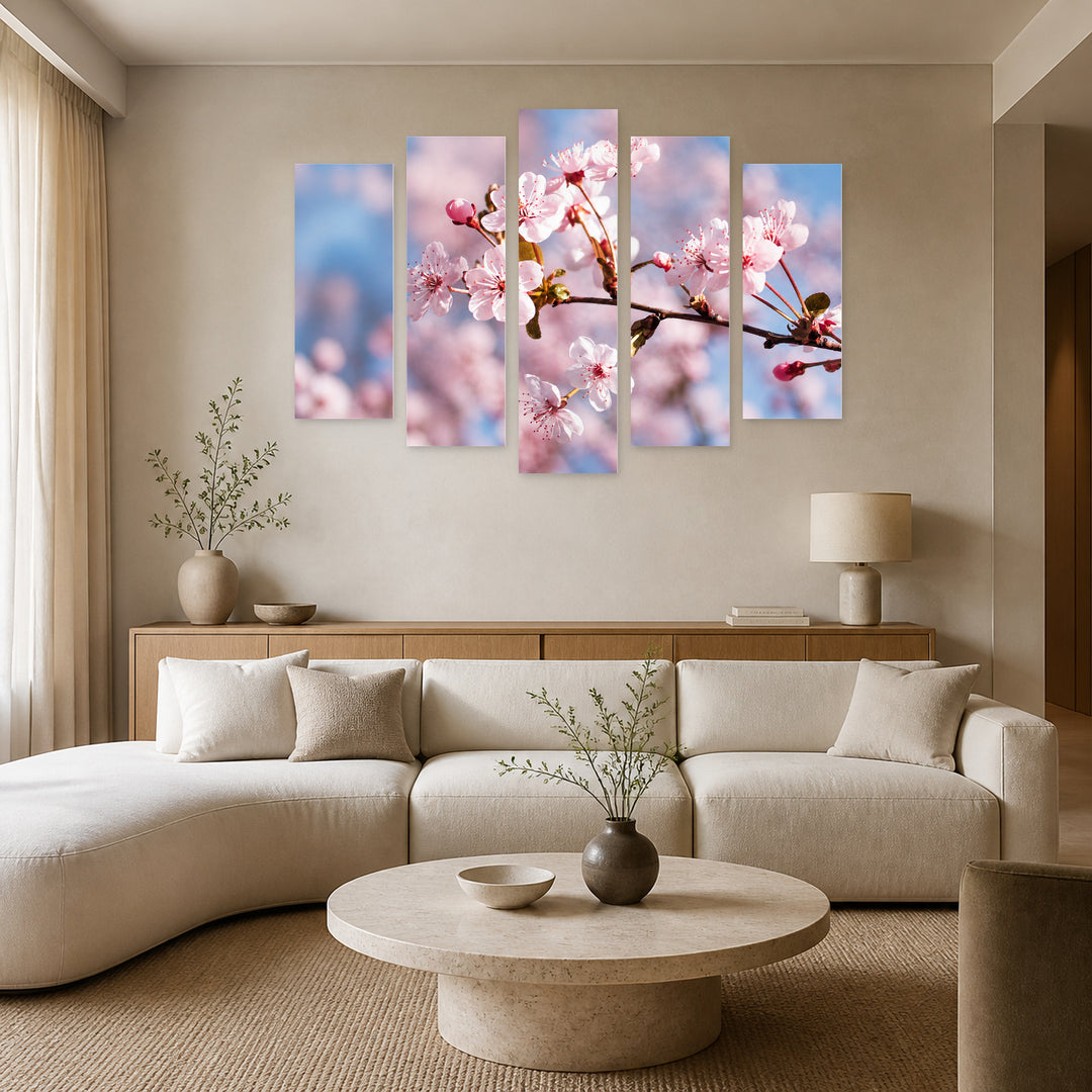 Blooming Tree in Serene Light — five-panel wall art in alternate frontal interior | 5wallart 54108 M4