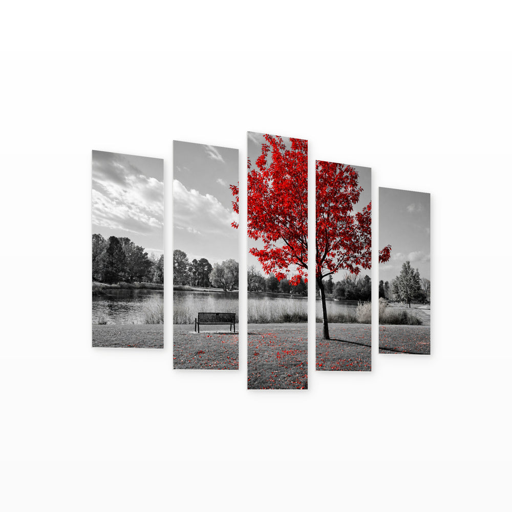 Red Tree on Black in Vivid Color — five-panel wall art on white background in perspective | 5wallart 54109 M1