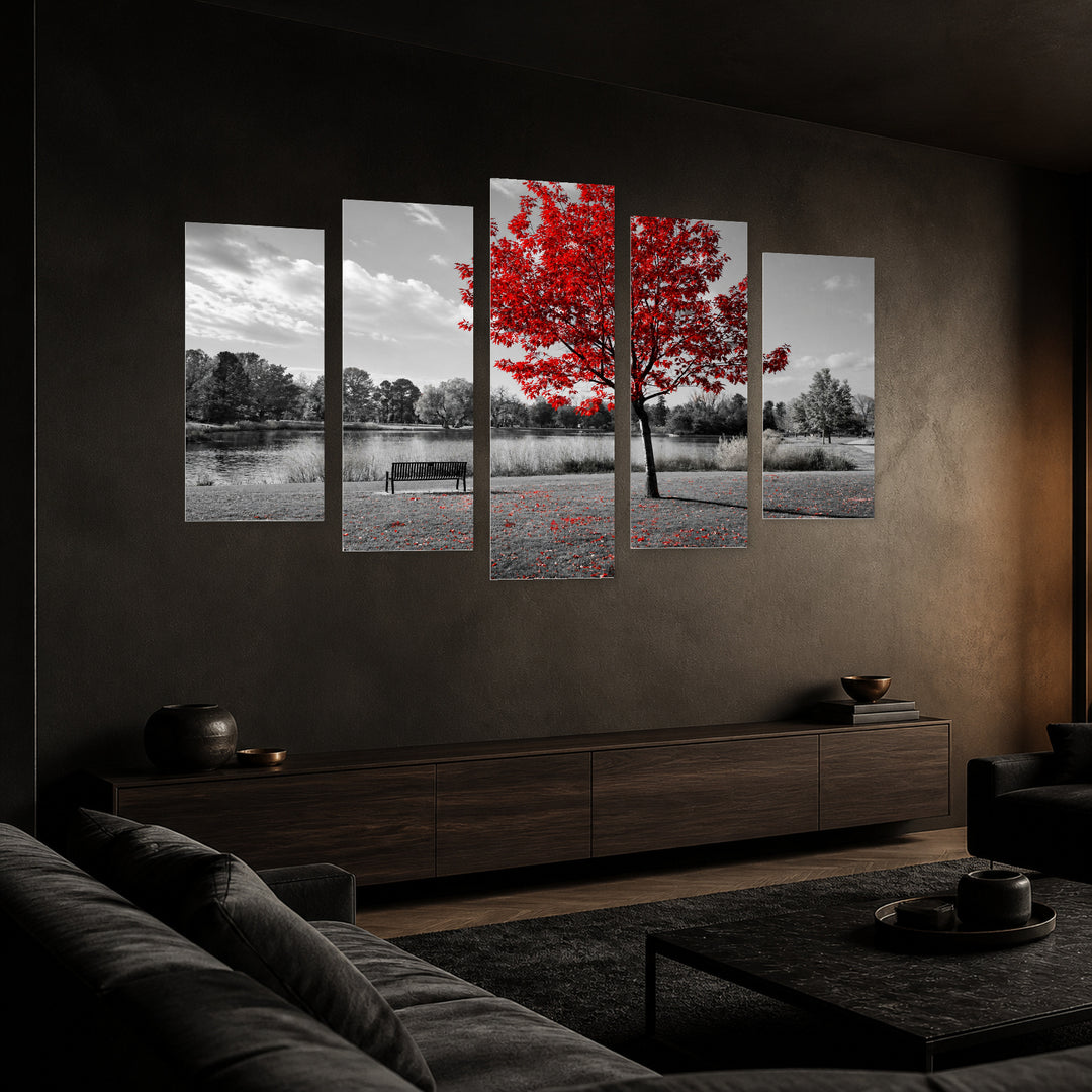Red Tree on Black in Vivid Color — five-panel wall art in perspective interior | 5wallart 54109 M2