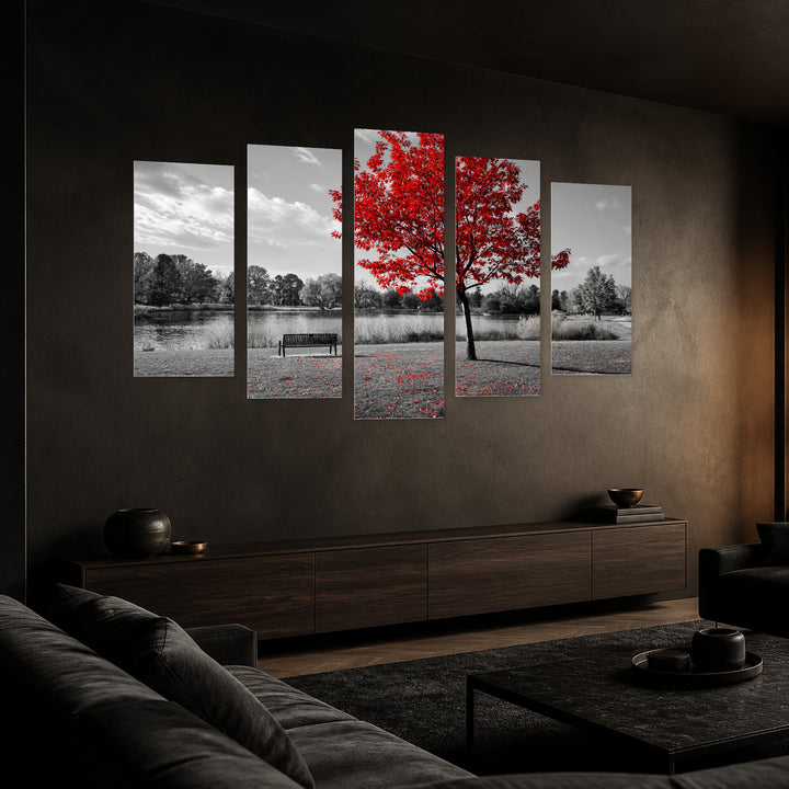 Red Tree on Black in Vivid Color — five-panel wall art in perspective interior | 5wallart 54109 M2