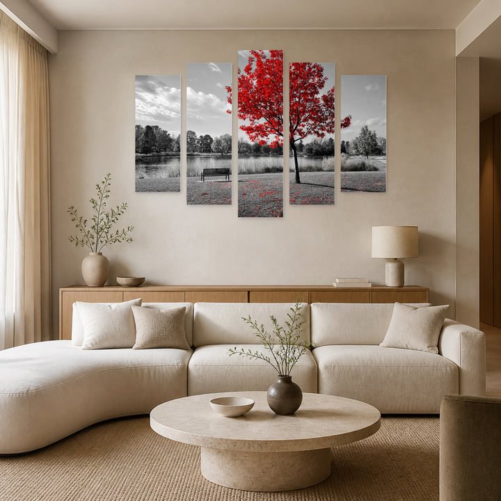 Red Tree on Black in Vivid Color — five-panel wall art in frontal interior | 5wallart 54109 M3