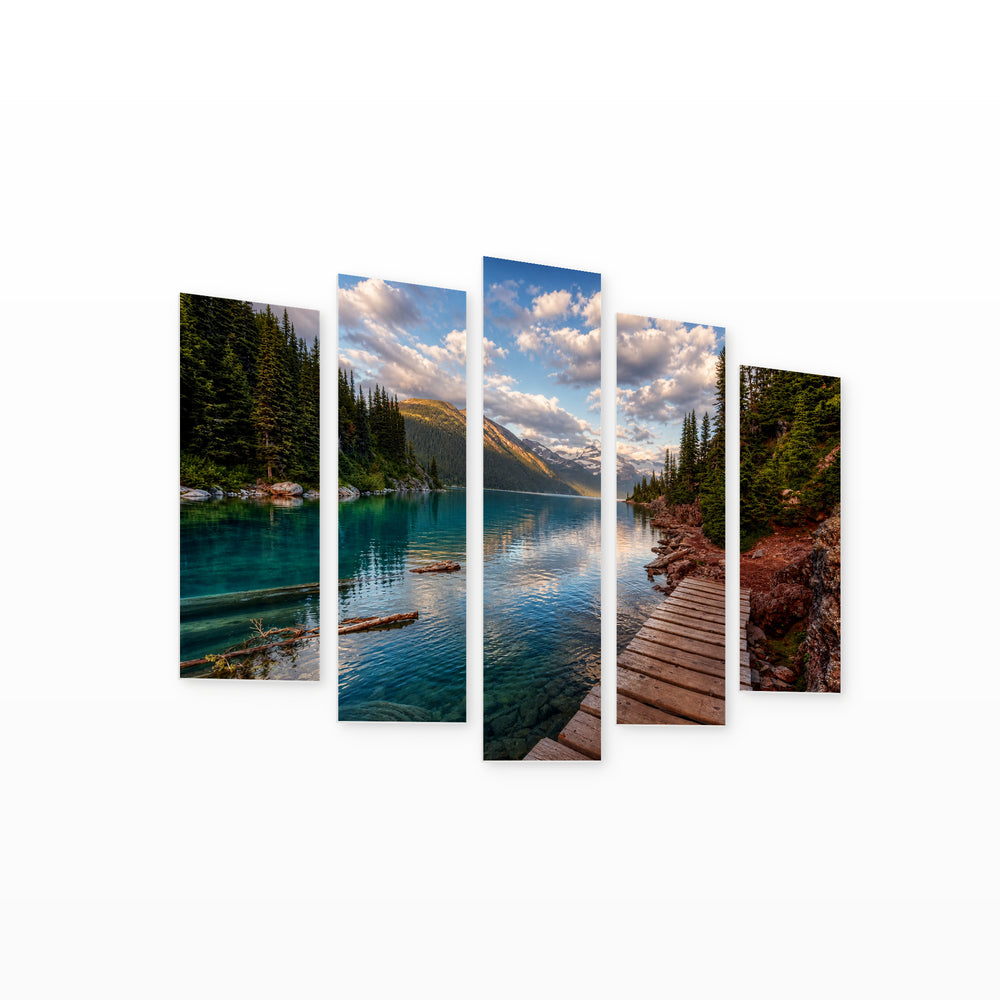Wooden Path by Mountain Lake in Serene Light — five-panel wall art on white background in perspective | 5wallart 54111 M1