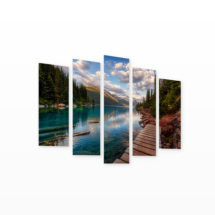 Wooden Path by Mountain Lake in Serene Light — five-panel wall art on white background in perspective | 5wallart 54111 M1