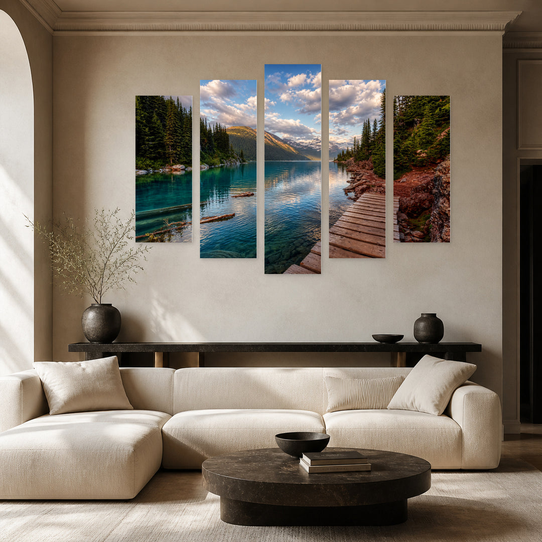 Wooden Path by Mountain Lake in Serene Light — five-panel wall art in frontal interior | 5wallart 54111 M3