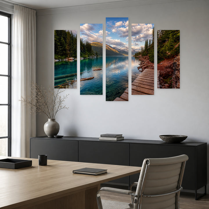 Wooden Path by Mountain Lake in Serene Light — five-panel wall art in alternate frontal interior | 5wallart 54111 M4