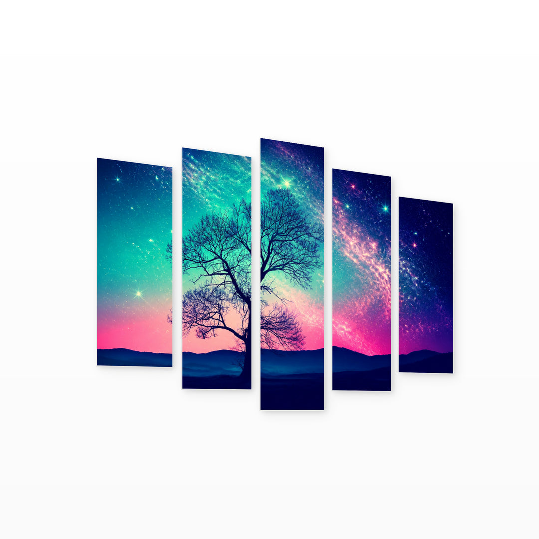 Cosmic Tree with Dreamlike Atmosphere — five-panel wall art on white background in perspective | 5wallart 54113 M1