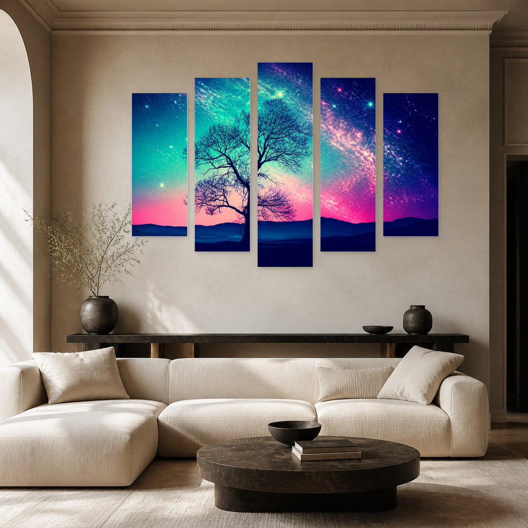 Cosmic Tree with Dreamlike Atmosphere — five-panel wall art in frontal interior | 5wallart 54113 M3
