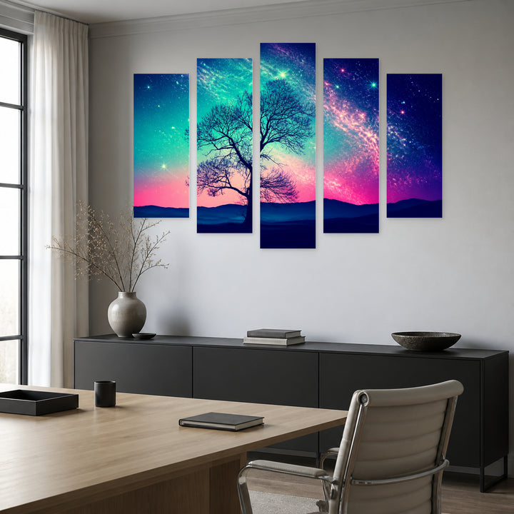 Cosmic Tree with Dreamlike Atmosphere — five-panel wall art in alternate frontal interior | 5wallart 54113 M4