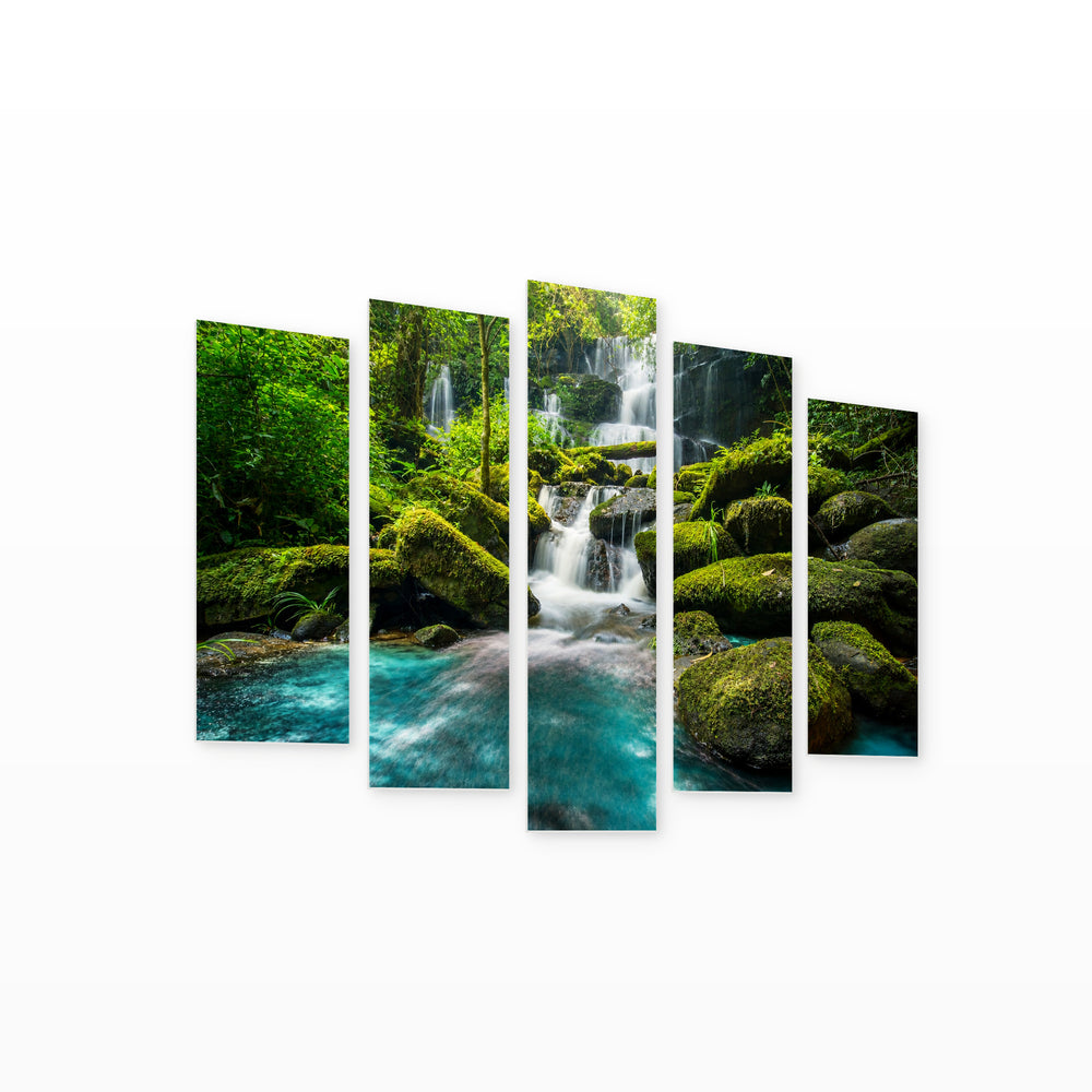 Forest Stream in Serene Light — five-panel wall art on white background in perspective | 5wallart 54115 M1