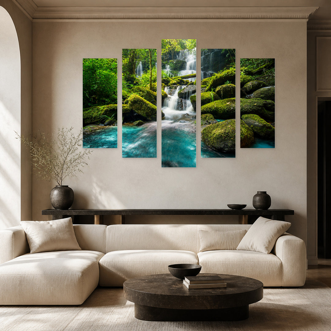 Forest Stream in Serene Light — five-panel wall art in frontal interior | 5wallart 54115 M3