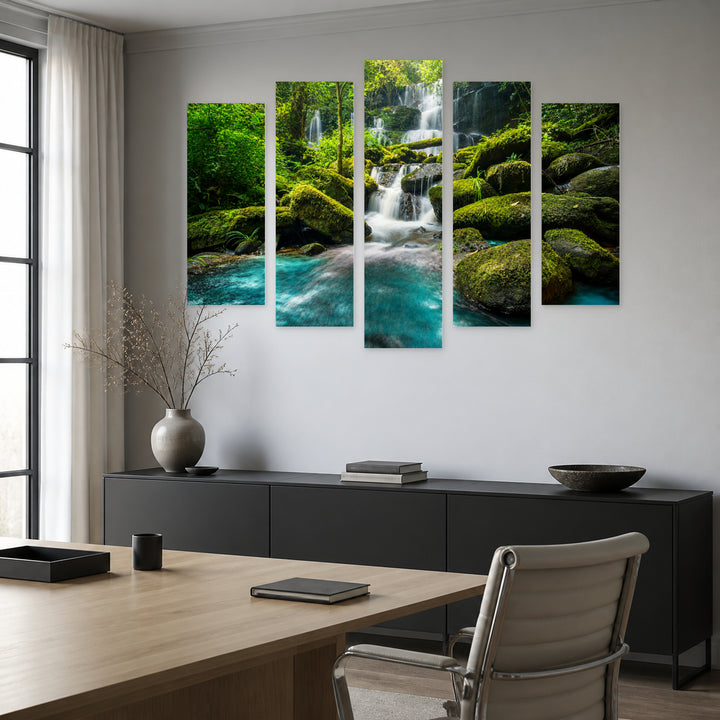 Forest Stream in Serene Light — five-panel wall art in alternate frontal interior | 5wallart 54115 M4