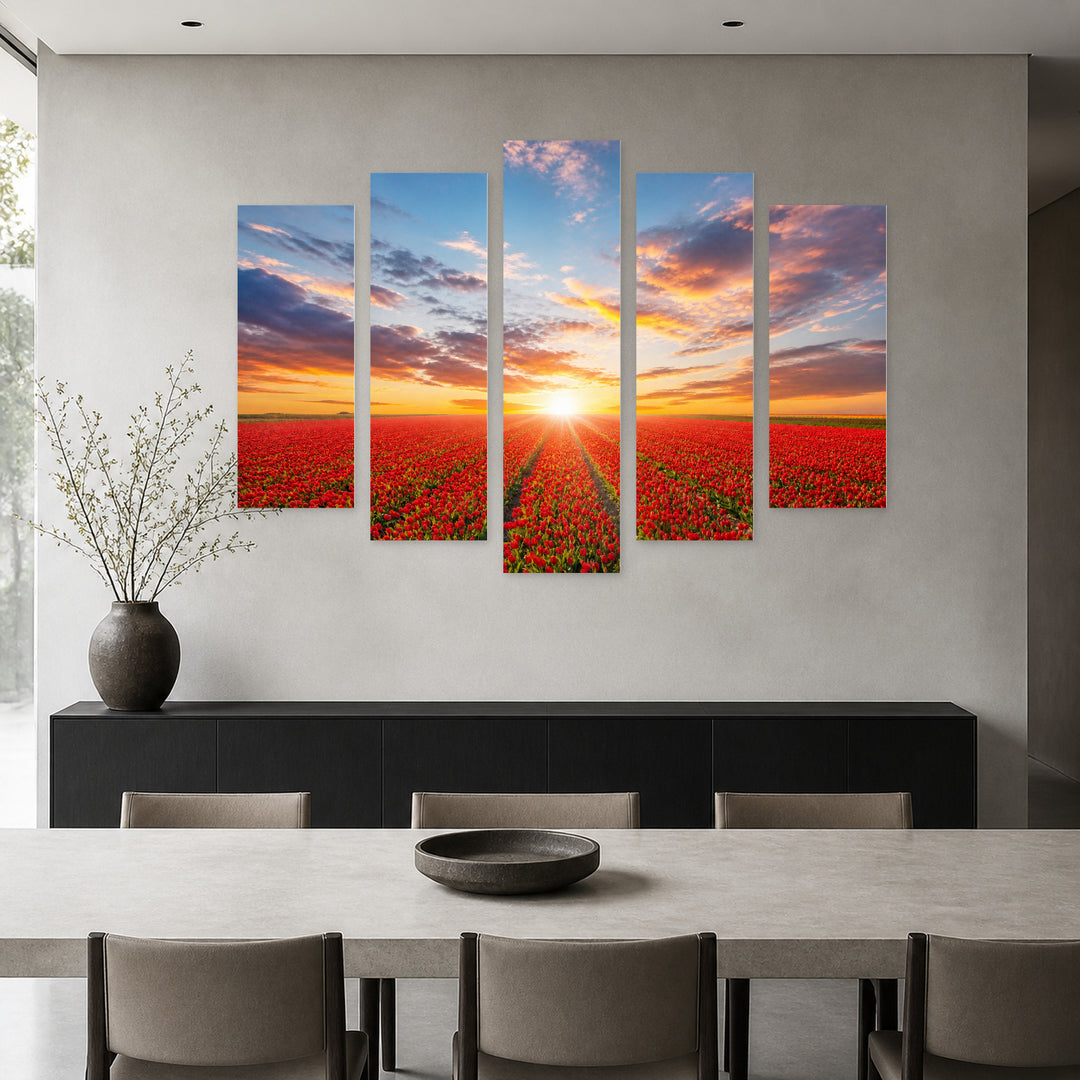 Tulip Fields with Dreamlike Atmosphere — five-panel wall art in frontal interior | 5wallart 54118 M3