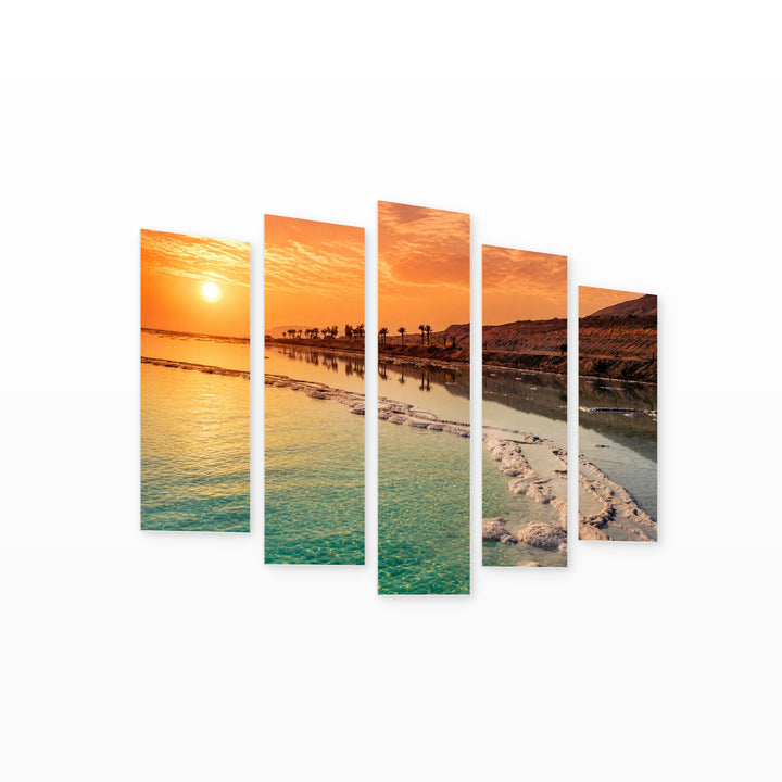 Golden Sunset over Beach and Palms — five-panel wall art on white background in perspective | 5wallart 54119 M1