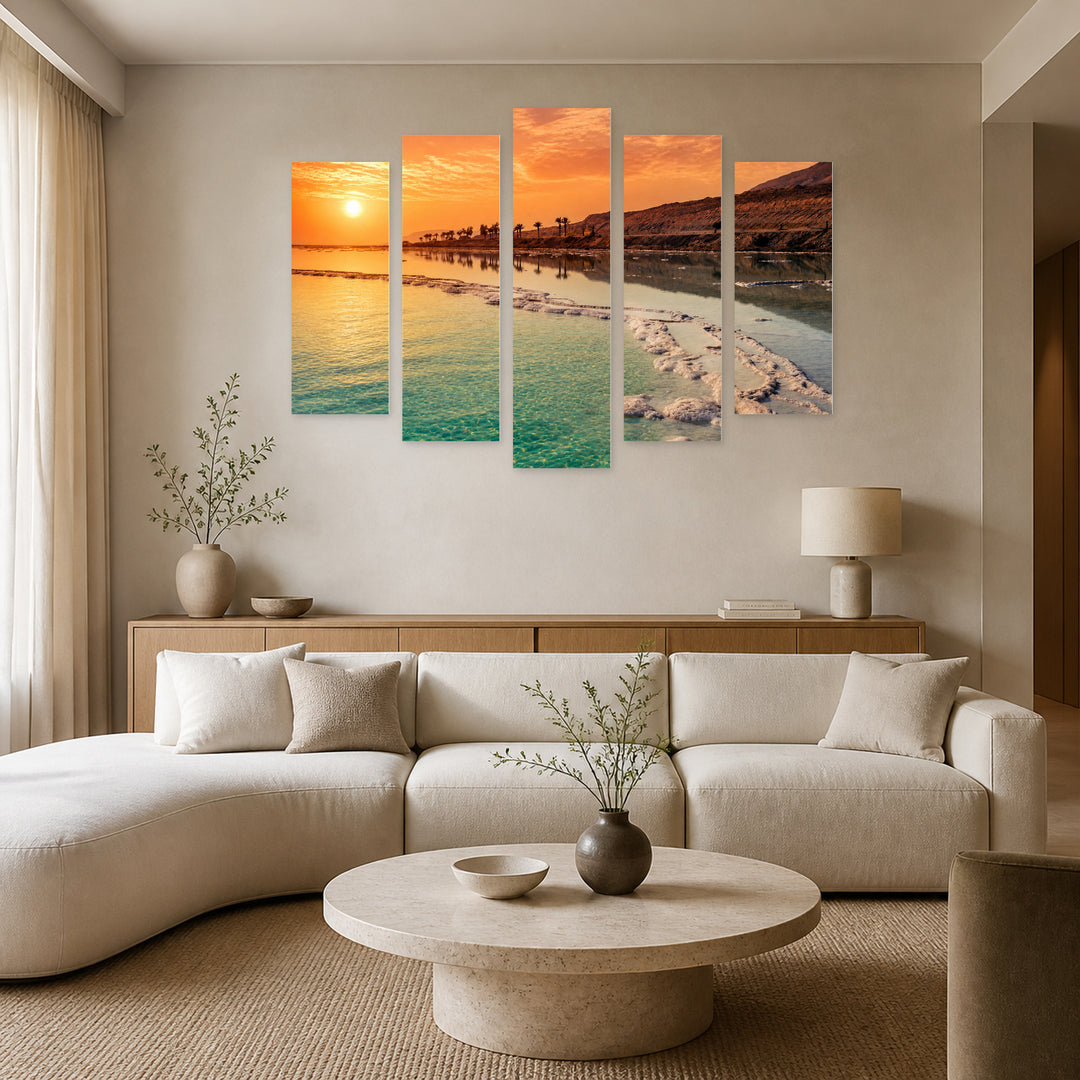 Golden Sunset over Beach and Palms — five-panel wall art in frontal interior | 5wallart 54119 M3