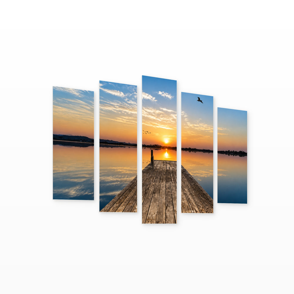 Pier in the Sea in Blue and Gold — five-panel wall art on white background in perspective | 5wallart 54121 M1