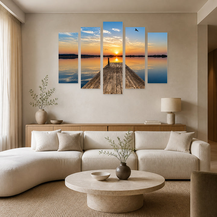 Pier in the Sea in Blue and Gold — five-panel wall art in frontal interior | 5wallart 54121 M3
