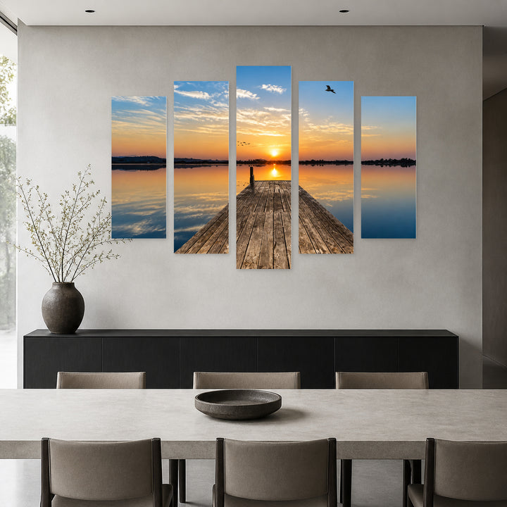 Pier in the Sea in Blue and Gold — five-panel wall art in alternate frontal interior | 5wallart 54121 M4