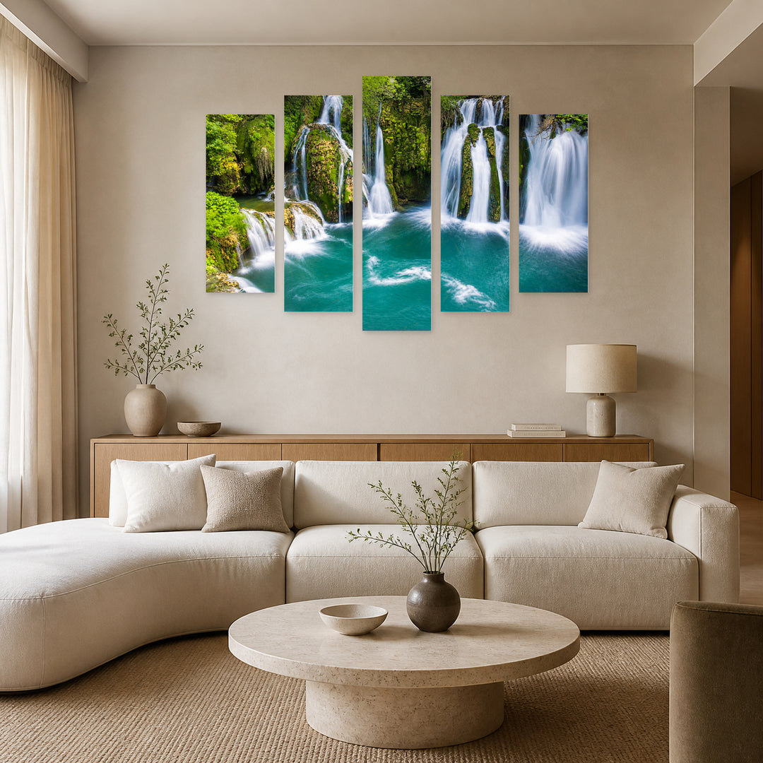 Waterfalls in Bosnia and Herzegovina in Serene Light — five-panel wall art in alternate frontal interior | 5wallart 54122 M4