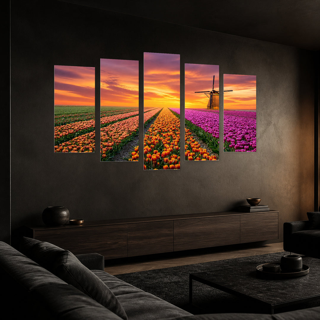 Colorful Tulips with Dramatic Contrast — five-panel wall art in perspective interior | 5wallart 54123 M2