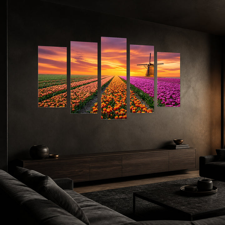 Colorful Tulips with Dramatic Contrast — five-panel wall art in perspective interior | 5wallart 54123 M2