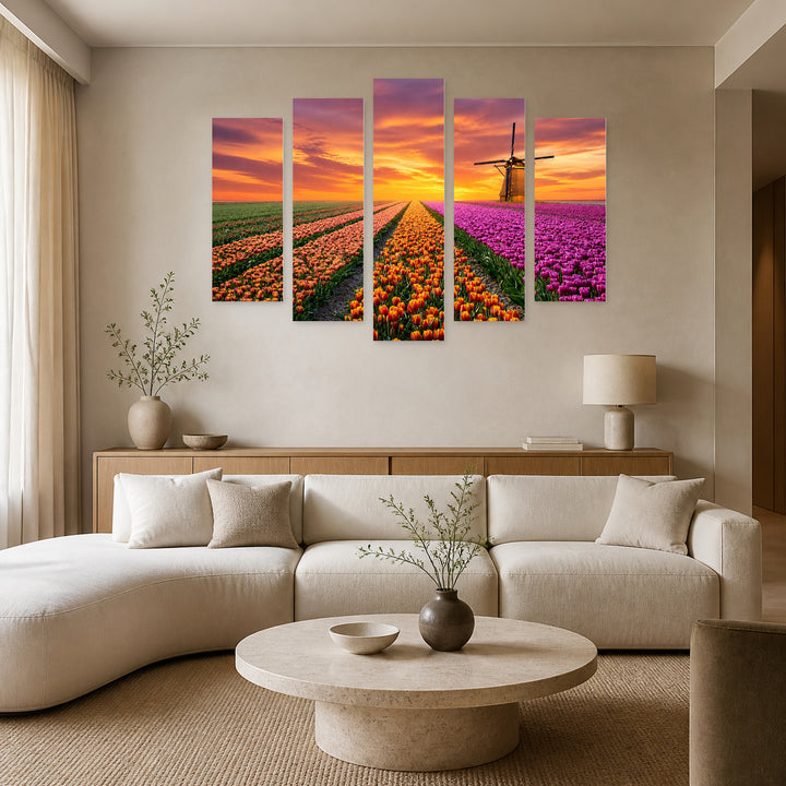 Colorful Tulips with Dramatic Contrast — five-panel wall art in frontal interior | 5wallart 54123 M3