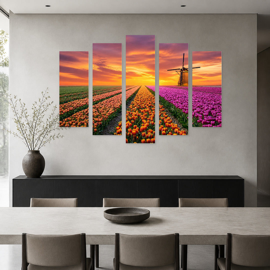 Colorful Tulips with Dramatic Contrast — five-panel wall art in alternate frontal interior | 5wallart 54123 M4