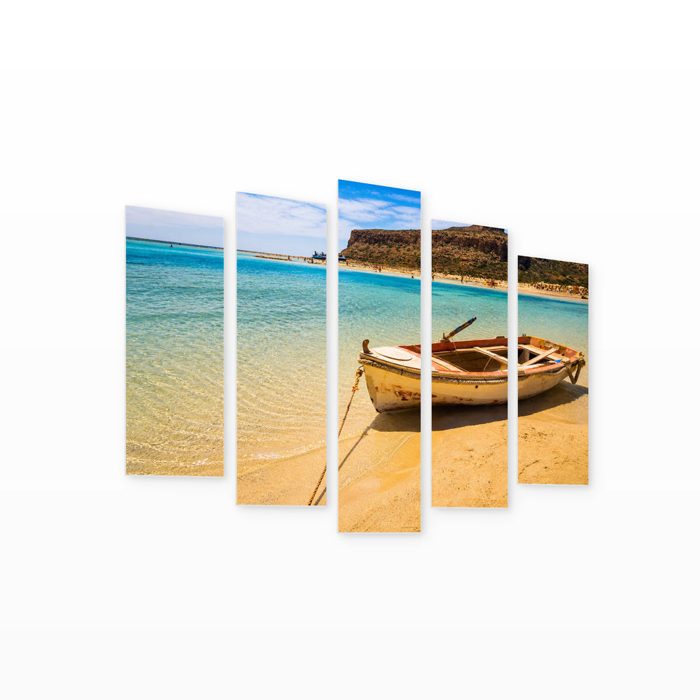 Boat on an Island in Blue and Gold — five-panel wall art on white background in perspective | 5wallart 54124 M1