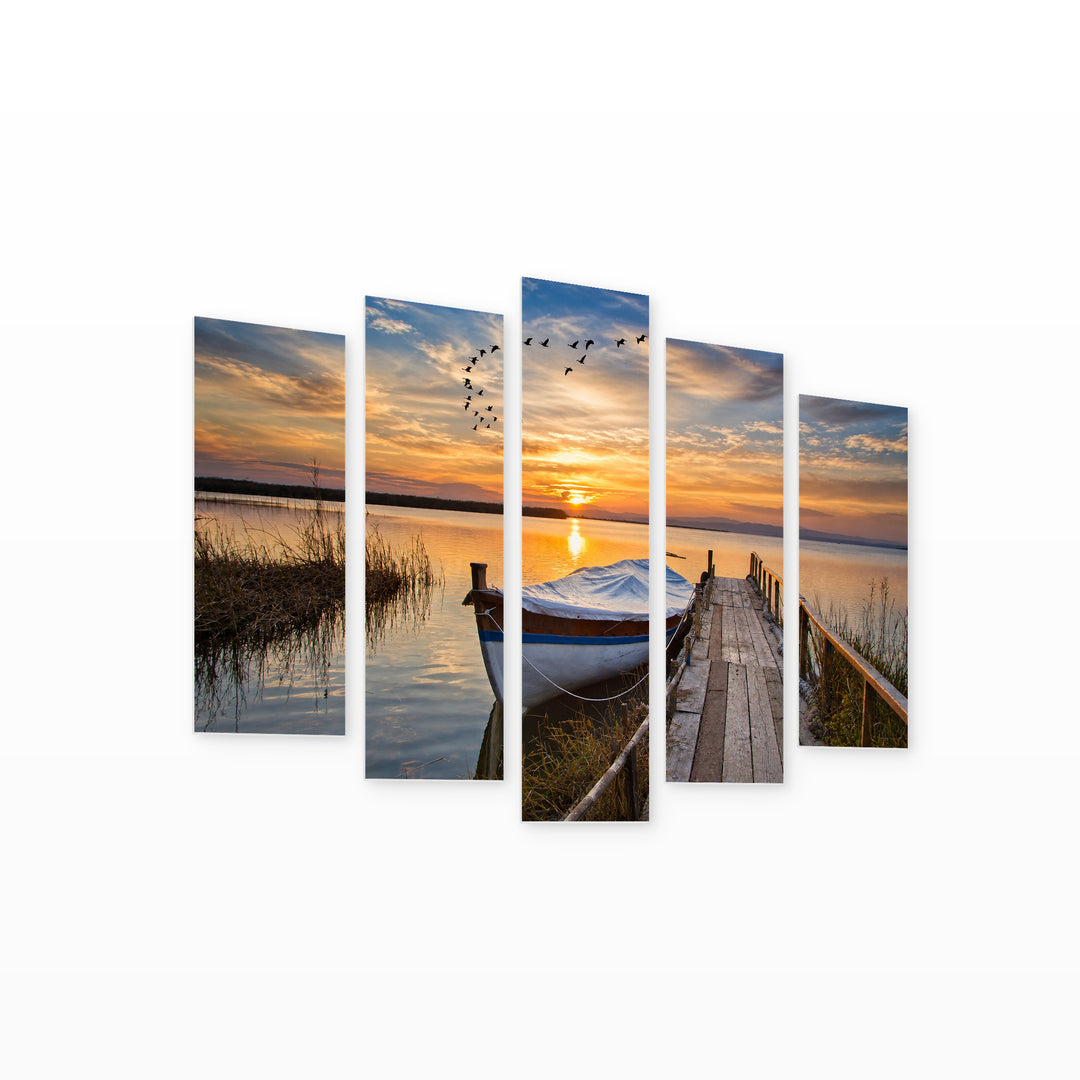 Boat at the Dock in Blue and Gold — five-panel wall art on white background in perspective | 5wallart 54127 M1