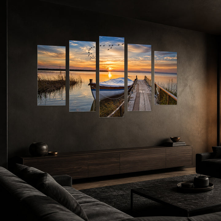 Boat at the Dock in Blue and Gold — five-panel wall art in perspective interior | 5wallart 54127 M2