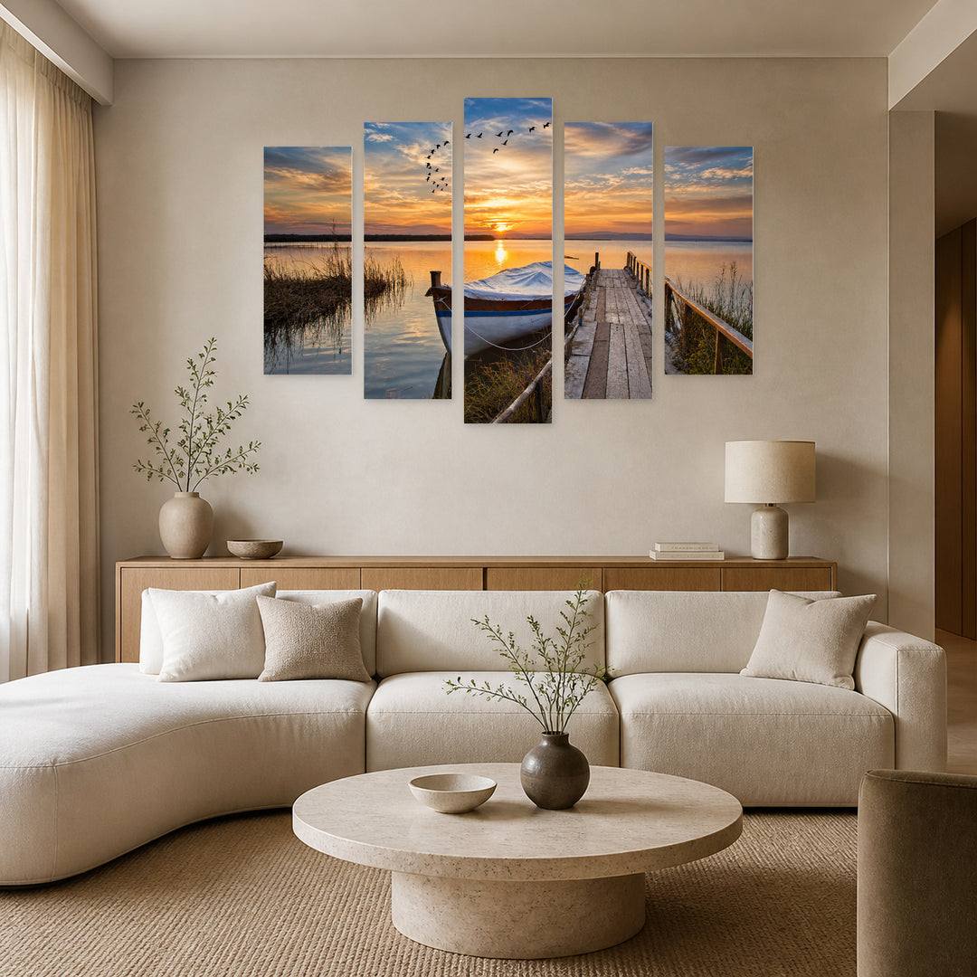 Boat at the Dock in Blue and Gold — five-panel wall art in frontal interior | 5wallart 54127 M3