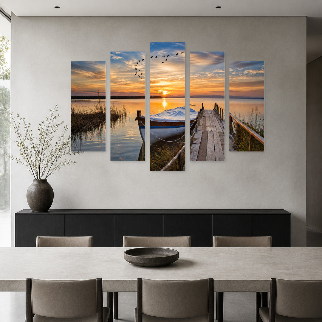 Boat at the Dock in Blue and Gold — five-panel wall art in alternate frontal interior | 5wallart 54127 M4