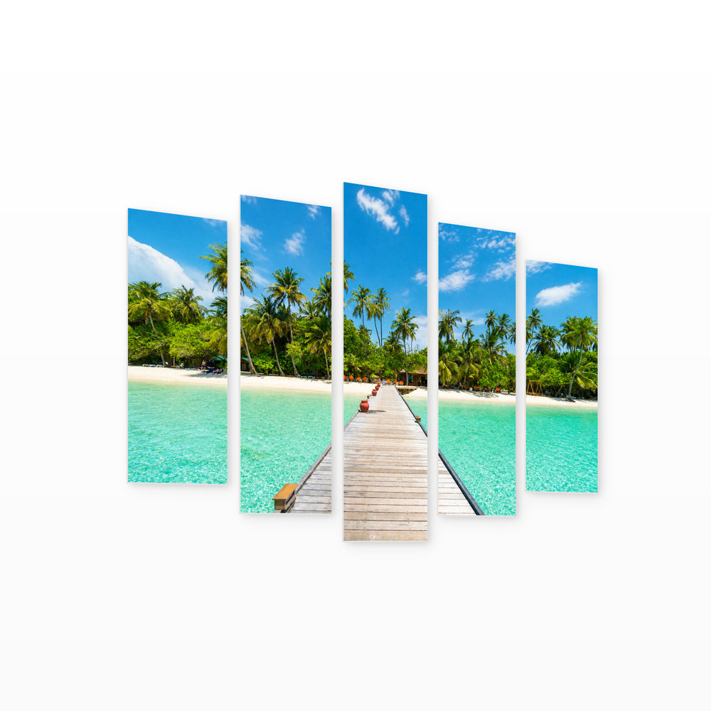 Maldives with Geometric Rhythm — five-panel wall art on white background in perspective | 5wallart 54128 M1