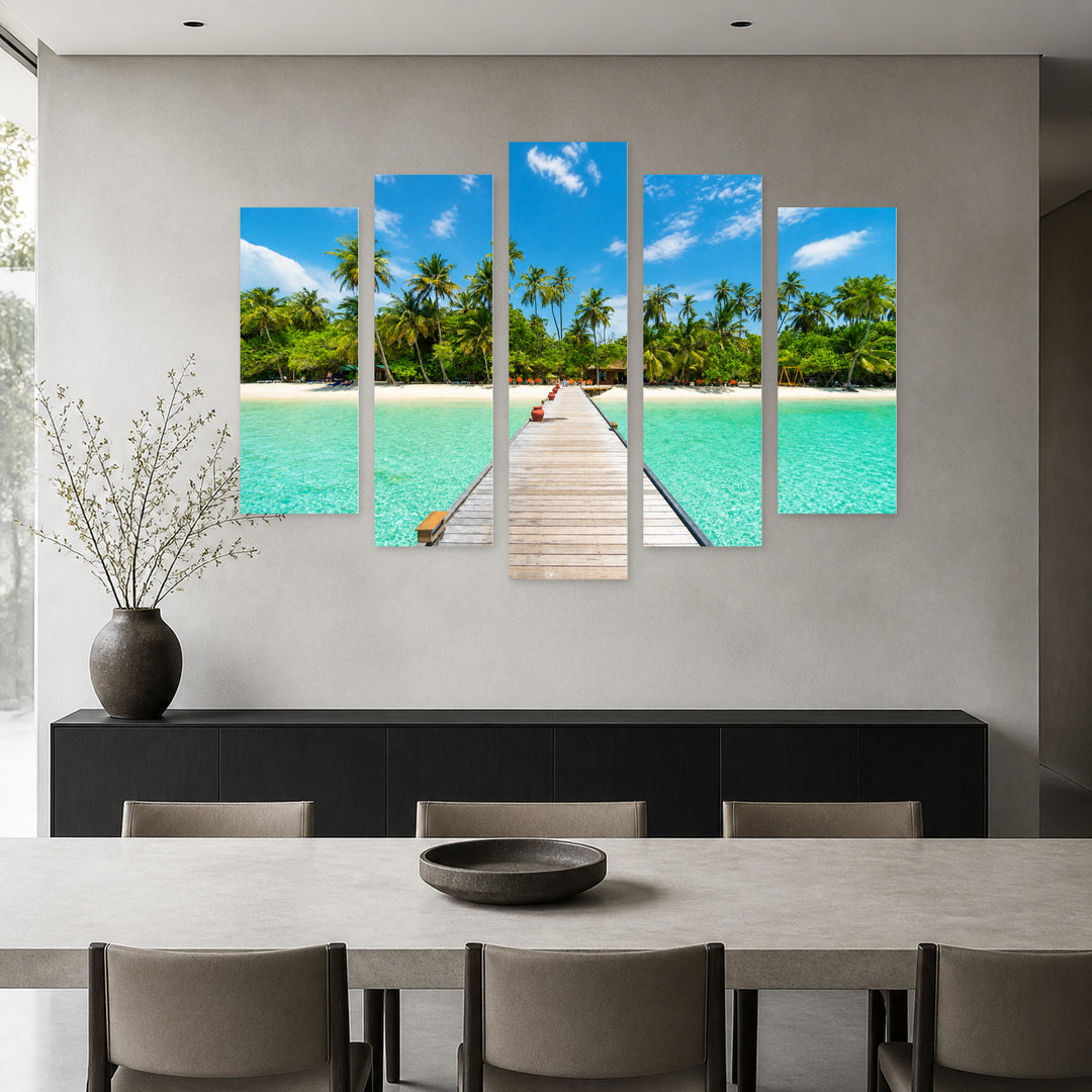 Maldives with Geometric Rhythm — five-panel wall art in frontal interior | 5wallart 54128 M3