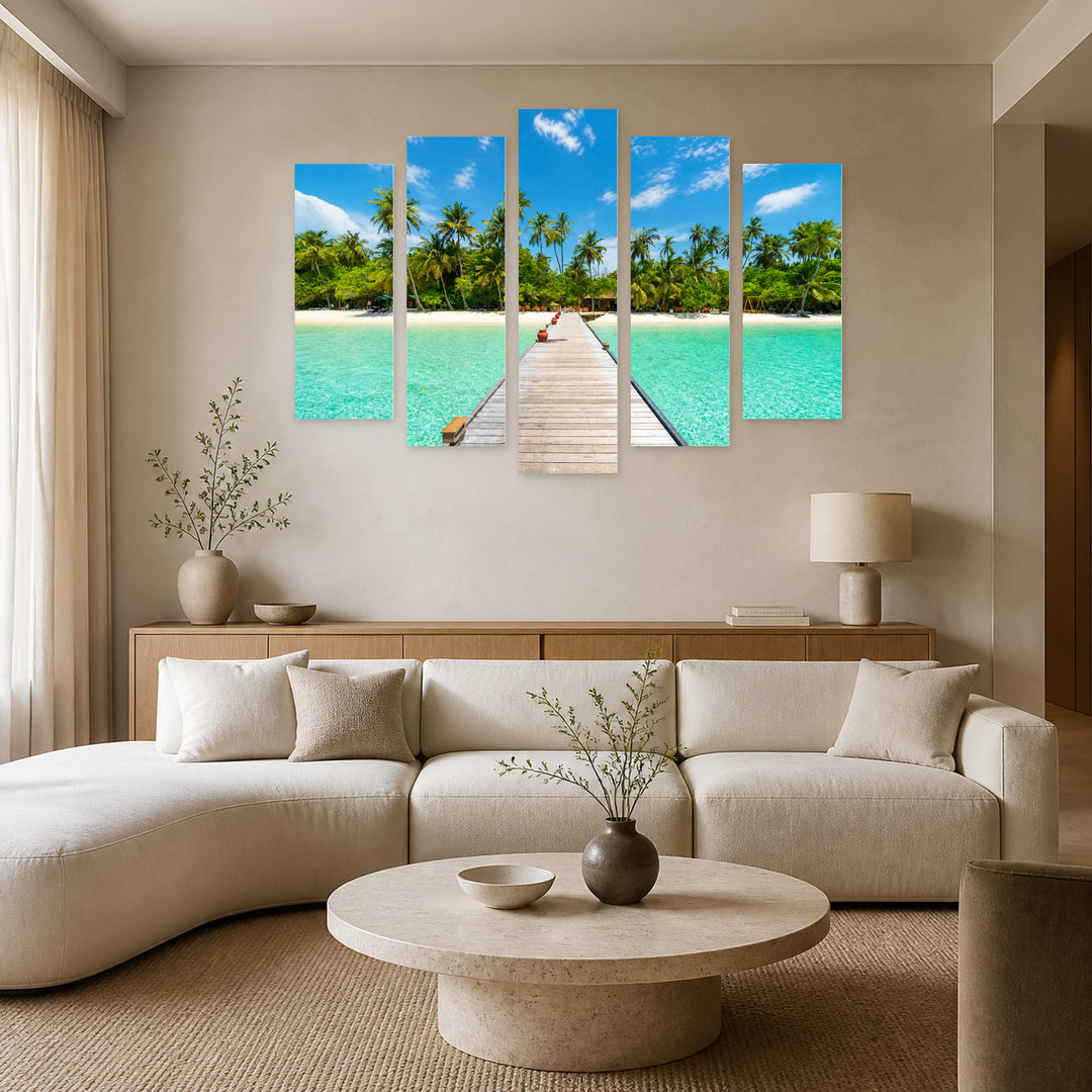 Maldives with Geometric Rhythm — five-panel wall art in alternate frontal interior | 5wallart 54128 M4