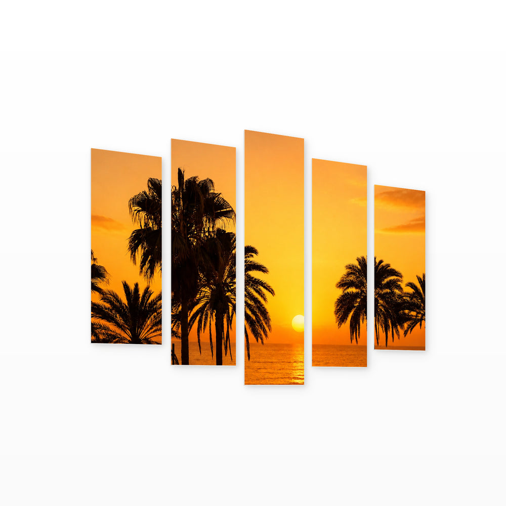 Golden Palms and Sunset — five-panel wall art on white background in perspective | 5wallart 54133 M1