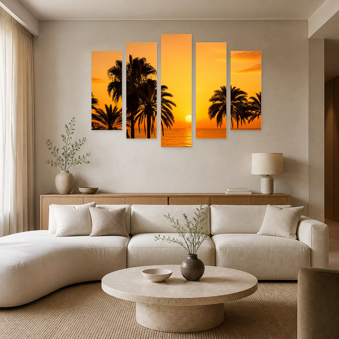 Golden Palms and Sunset — five-panel wall art in frontal interior | 5wallart 54133 M3