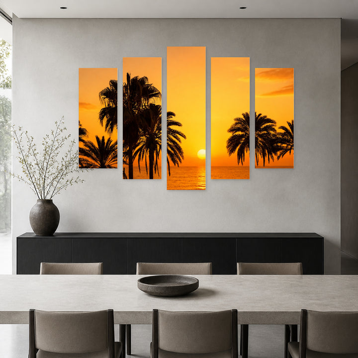 Golden Palms and Sunset — five-panel wall art in alternate frontal interior | 5wallart 54133 M4