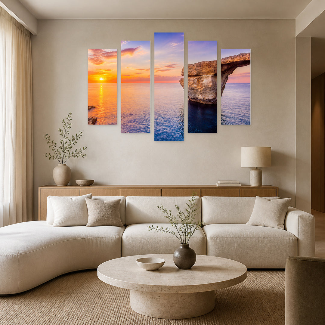 Azure Window in Malta with Dreamlike Atmosphere — five-panel wall art in alternate frontal interior | 5wallart 54134 M4