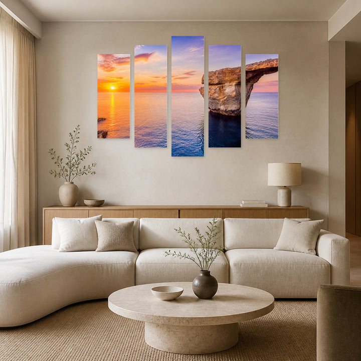 Azure Window in Malta with Dreamlike Atmosphere — five-panel wall art in alternate frontal interior | 5wallart 54134 M4