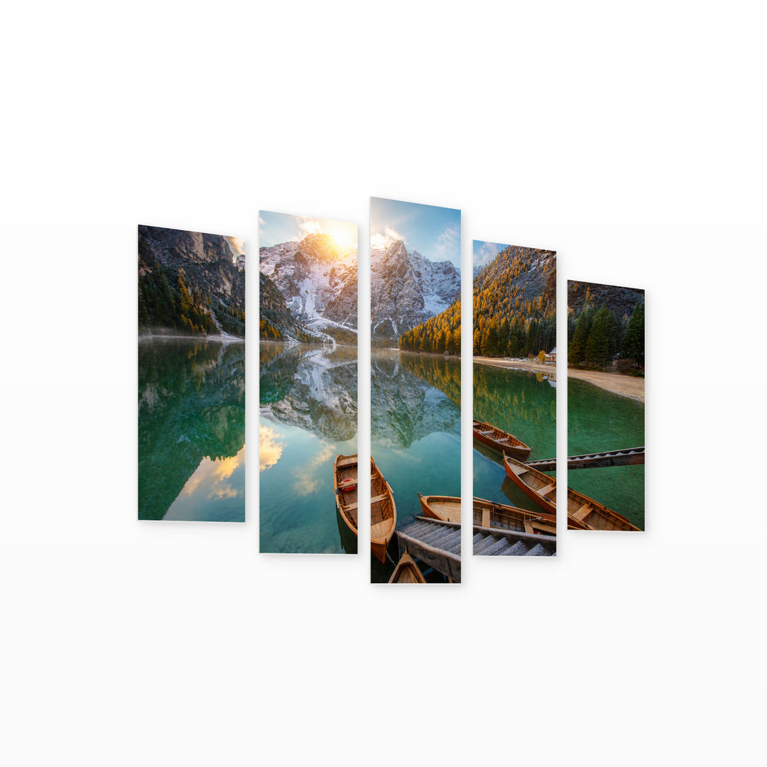 Boat on a Mountain Lake with Dreamlike Atmosphere — five-panel wall art on white background in perspective | 5wallart 54137 M1