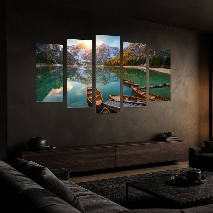Boat on a Mountain Lake with Dreamlike Atmosphere — five-panel wall art in perspective interior | 5wallart 54137 M2
