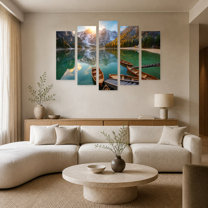 Boat on a Mountain Lake with Dreamlike Atmosphere — five-panel wall art in frontal interior | 5wallart 54137 M3
