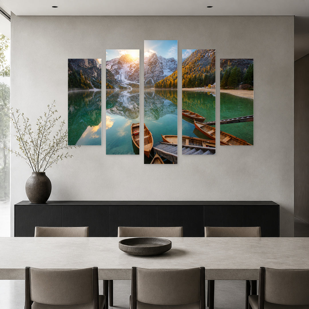 Boat on a Mountain Lake with Dreamlike Atmosphere — five-panel wall art in alternate frontal interior | 5wallart 54137 M4