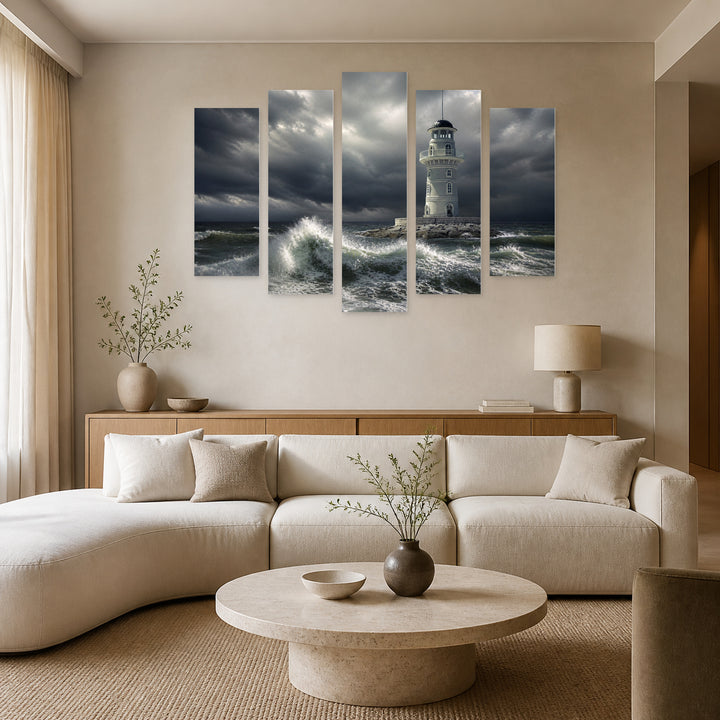 Lighthouse in a Stormy Sea in Serene Light — five-panel wall art in frontal interior | 5wallart 54141 M3