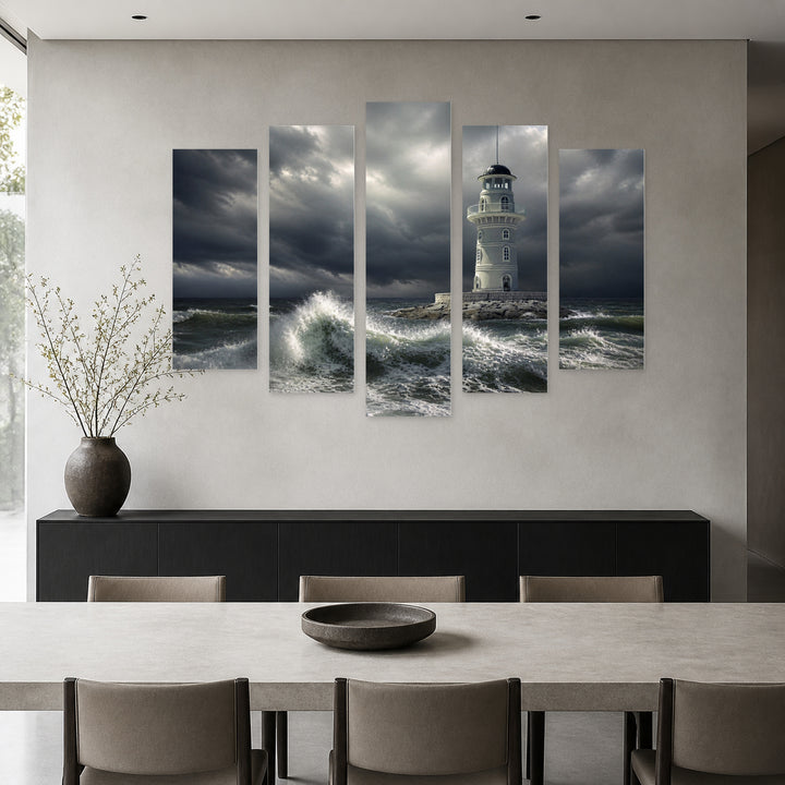 Lighthouse in a Stormy Sea in Serene Light — five-panel wall art in alternate frontal interior | 5wallart 54141 M4