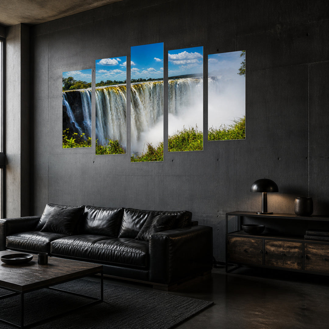 Victoria Falls with Dramatic Contrast — five-panel wall art in perspective interior | 5wallart 54142 M2